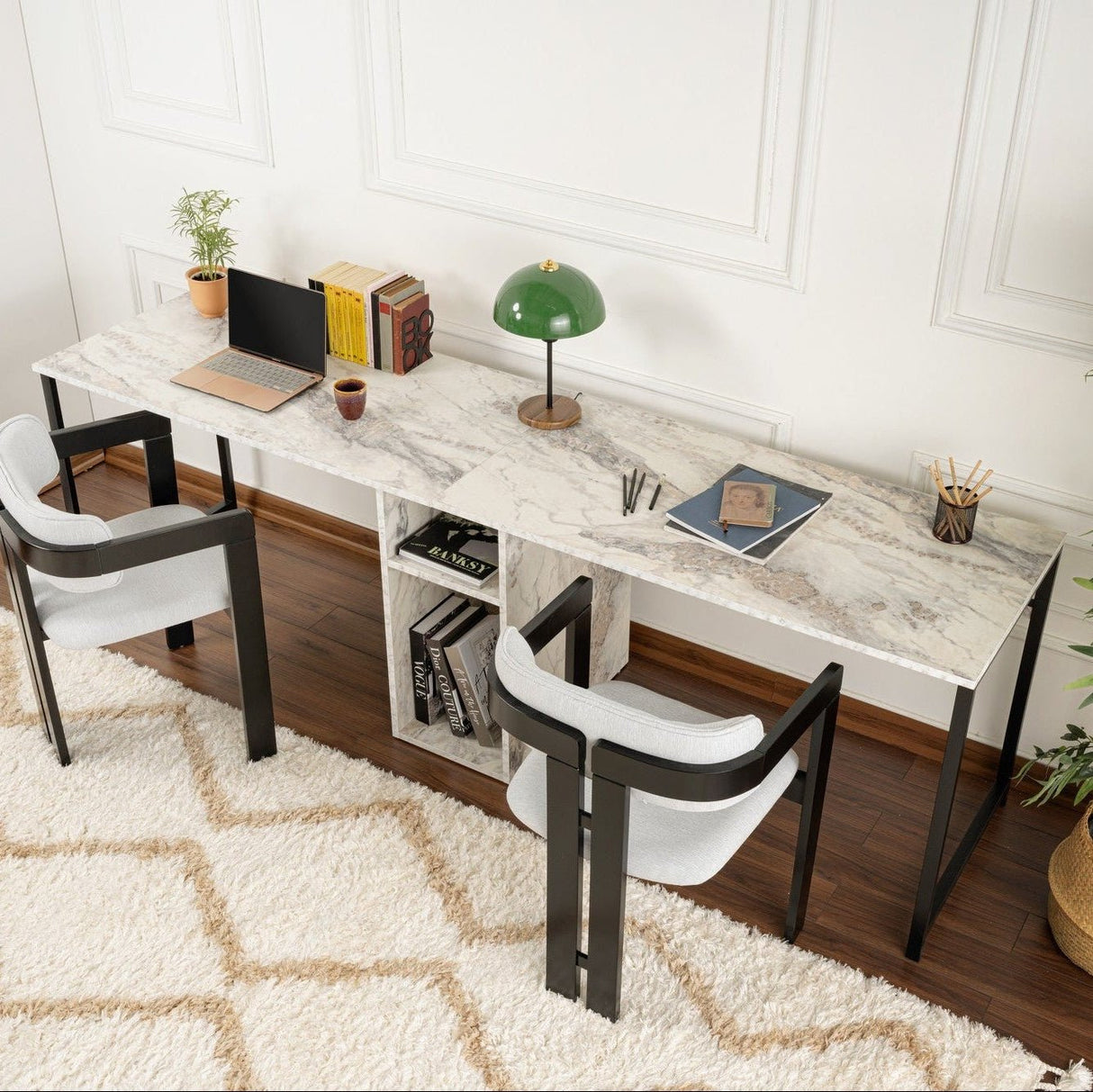 Bureaus - Twin Study Desk Studie Bureau Freesia Marble Black 240x60 cm Melamine - Dimehouse