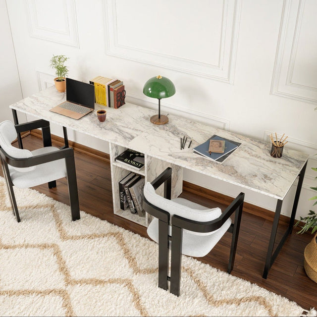 Bureaus - Twin Study Desk Studie Bureau Freesia Marble Black 240x60 cm Melamine - Dimehouse