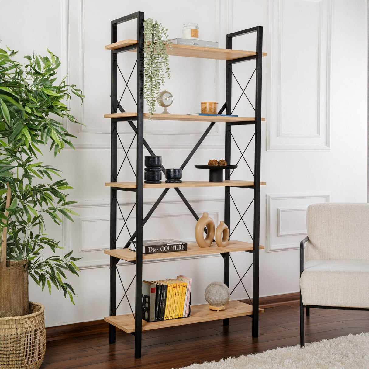 Industrial Bookcase Ely Oak Melamine - Black Frame - 180x90 cm 