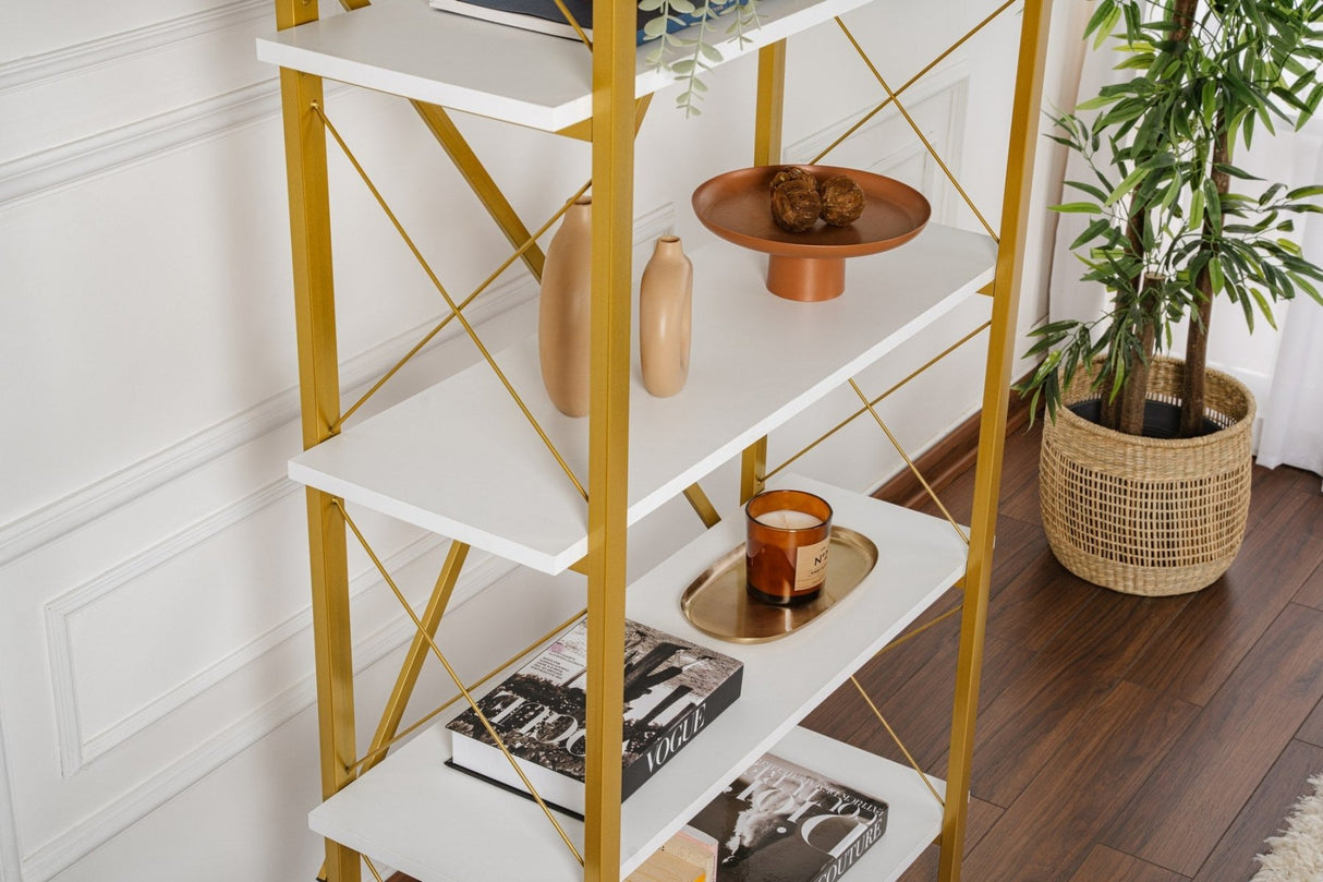 Industrial Bookcase Ely White Wood Melamine - Golden Frame - 180x90 cm 