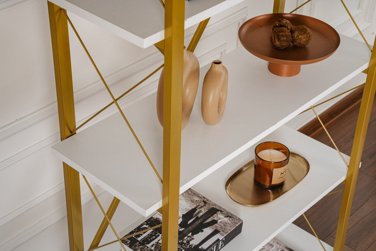 Industrial Bookcase Ely White Wood Melamine - Golden Frame - 180x90 cm 