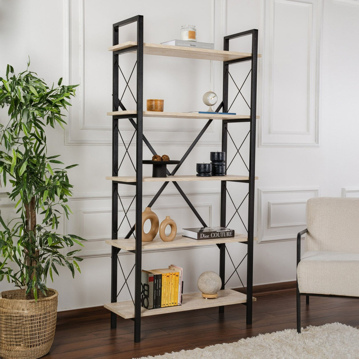 Industrial Bookcase Ely Travertine Melamine - Black Frame - 180x90 cm 