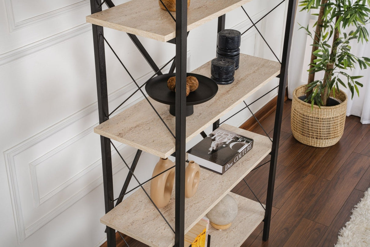 Industrial Bookcase Ely Travertine Melamine - Black Frame - 180x90 cm 