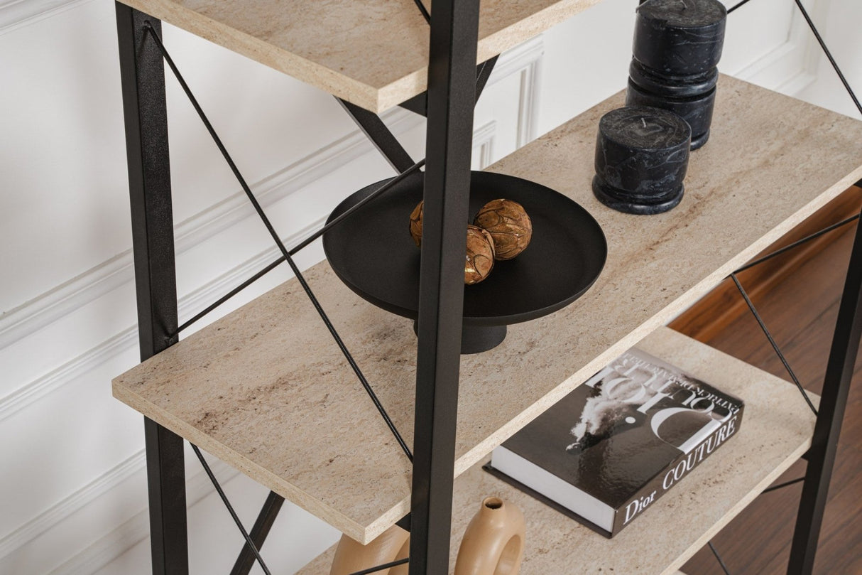 Industrial Bookcase Ely Travertine Melamine - Black Frame - 180x90 cm 