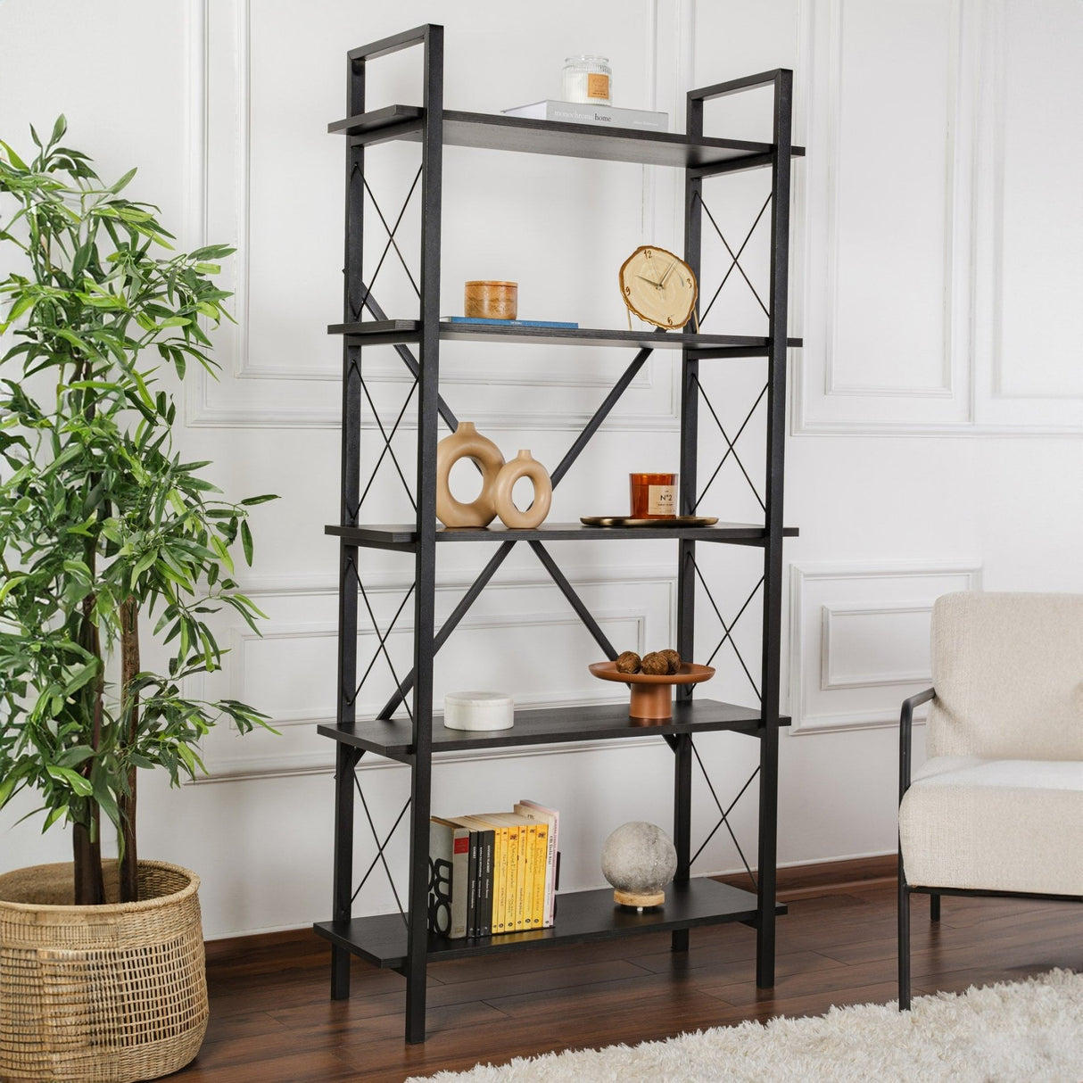 Industrial Bookcase Ely Black Wood - Black Frame - 180x90 cm 