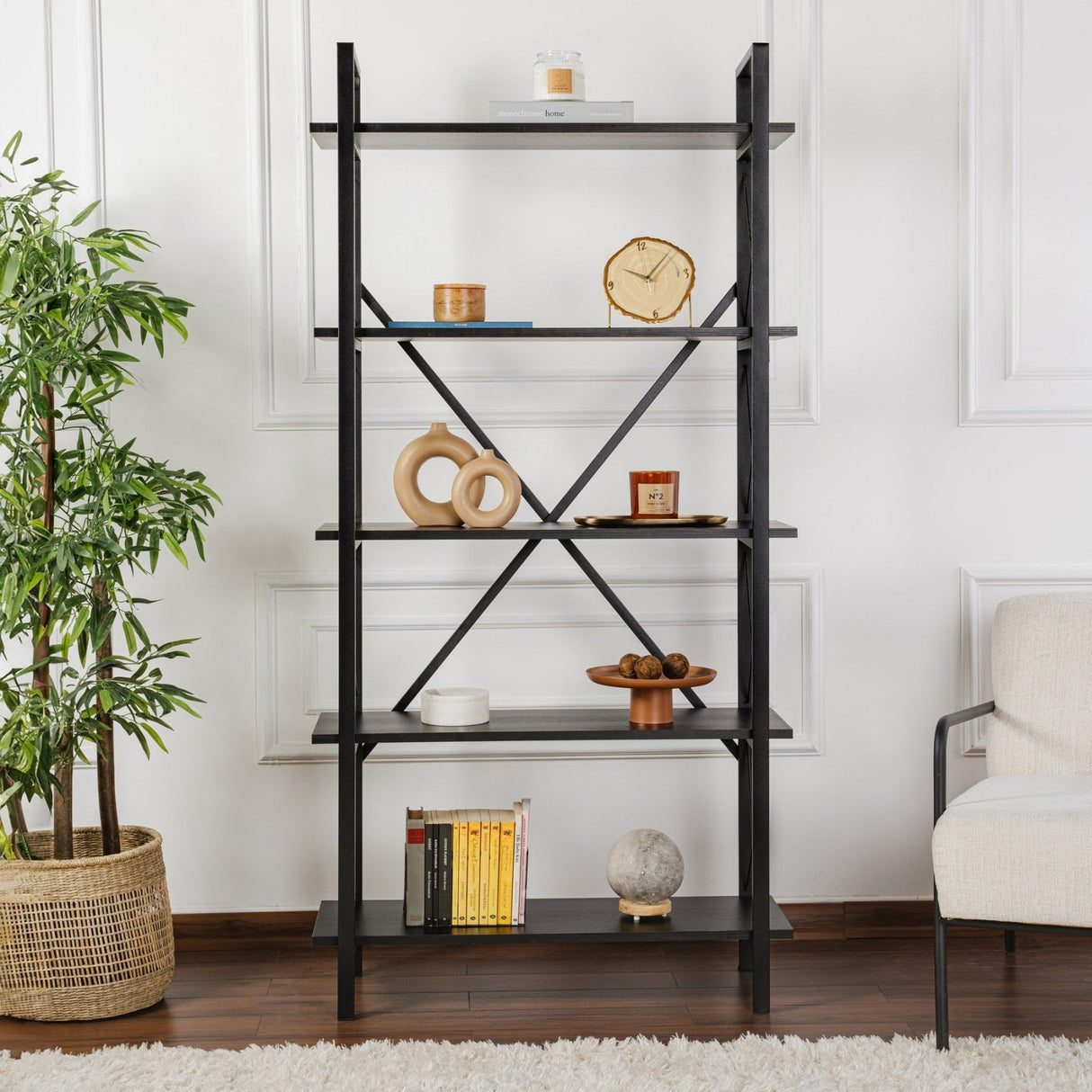 Industrial Bookcase Ely Black Wood - Black Frame - 180x90 cm 