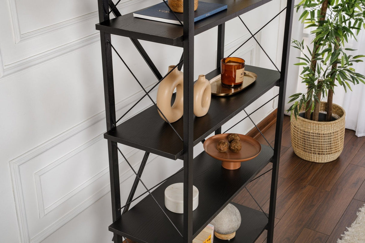 Industrial Bookcase Ely Black Wood - Black Frame - 180x90 cm 