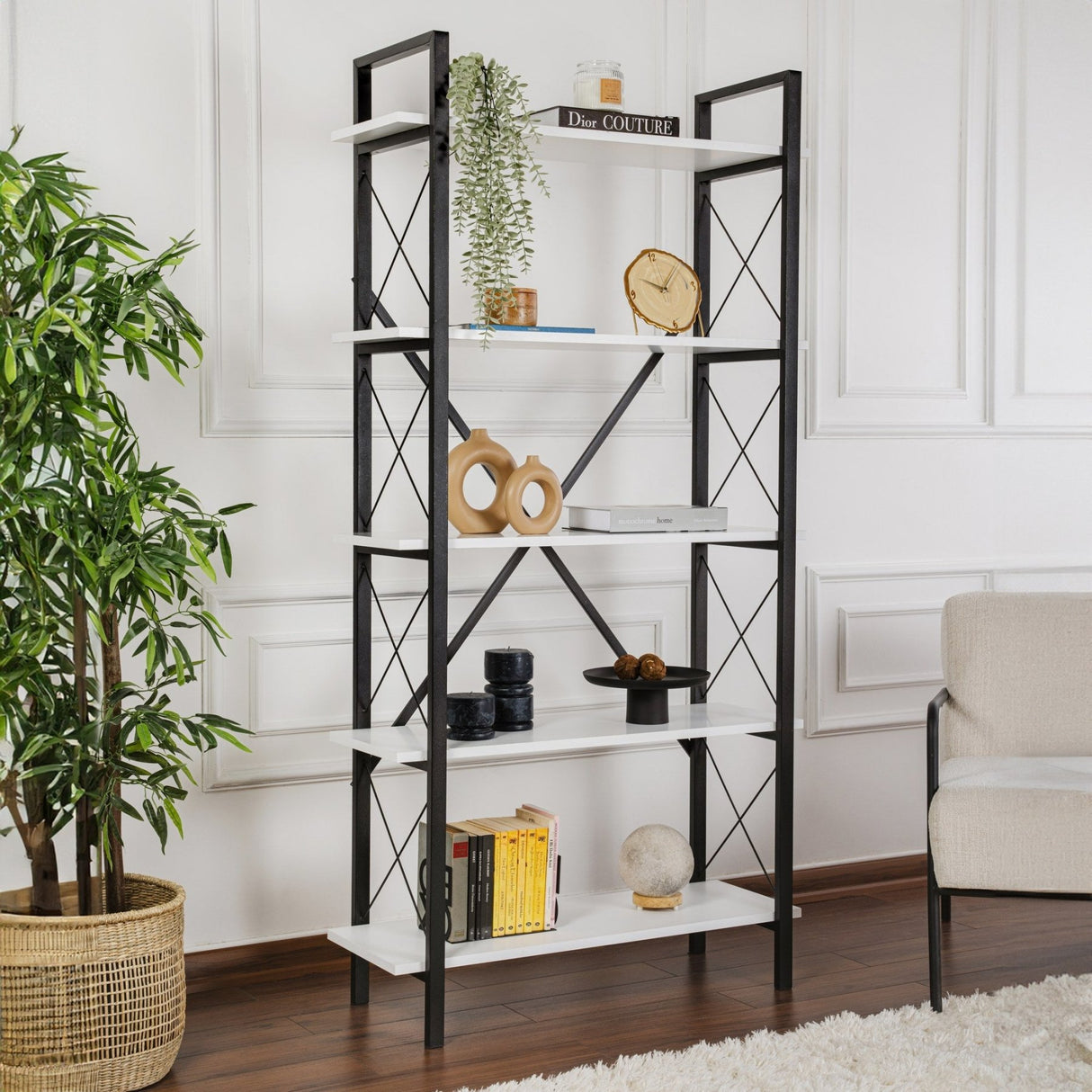 Industrial Bookshelf Ely White Wood Melamine - Black Frame - 180x90 cm 