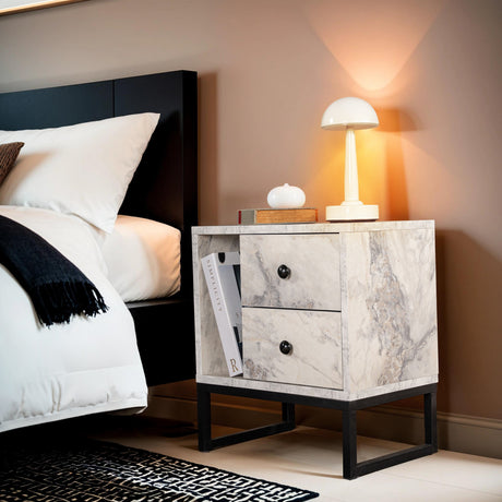 Nightstand White Marble Melamine Pulsar - Black Frame 