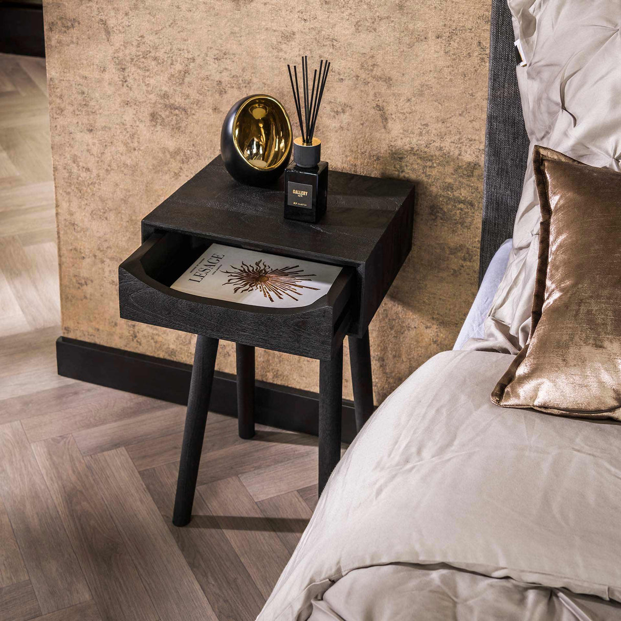 Nightstand Davey Black Acacia Wood with Drawer and Notch