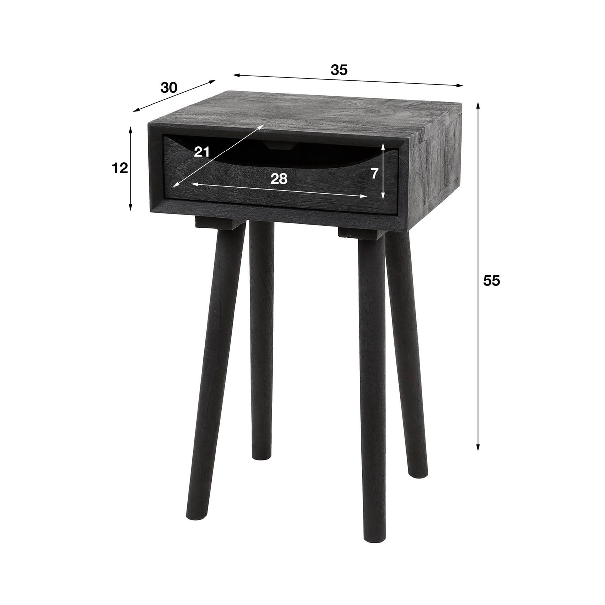 Nightstand Davey Black Acacia Wood with Drawer and Notch
