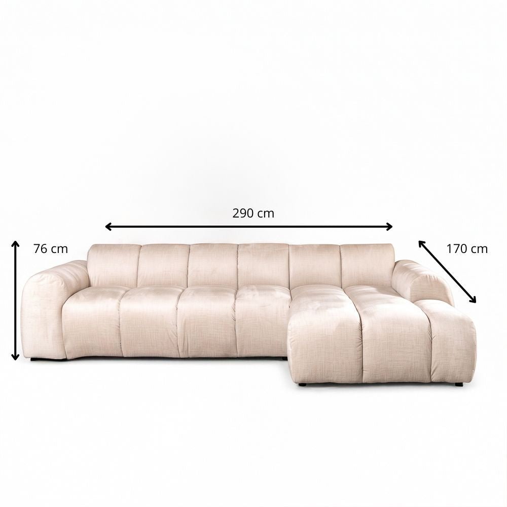 Sofas-Corner sofa with lounge beige velvet textured fabric - stripes - right - Brix-Dimehouse