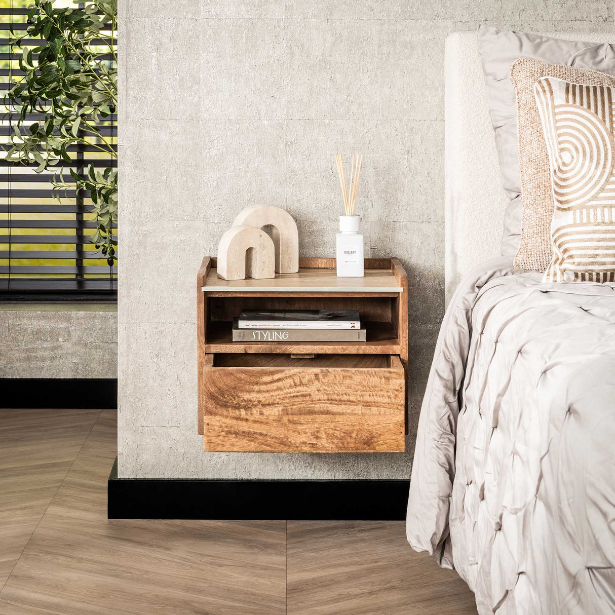 Bedside Tables - Orto Hanging Bedside Table 1 Drawer 1 Compartment Mango wood Ceramics - Dimehouse