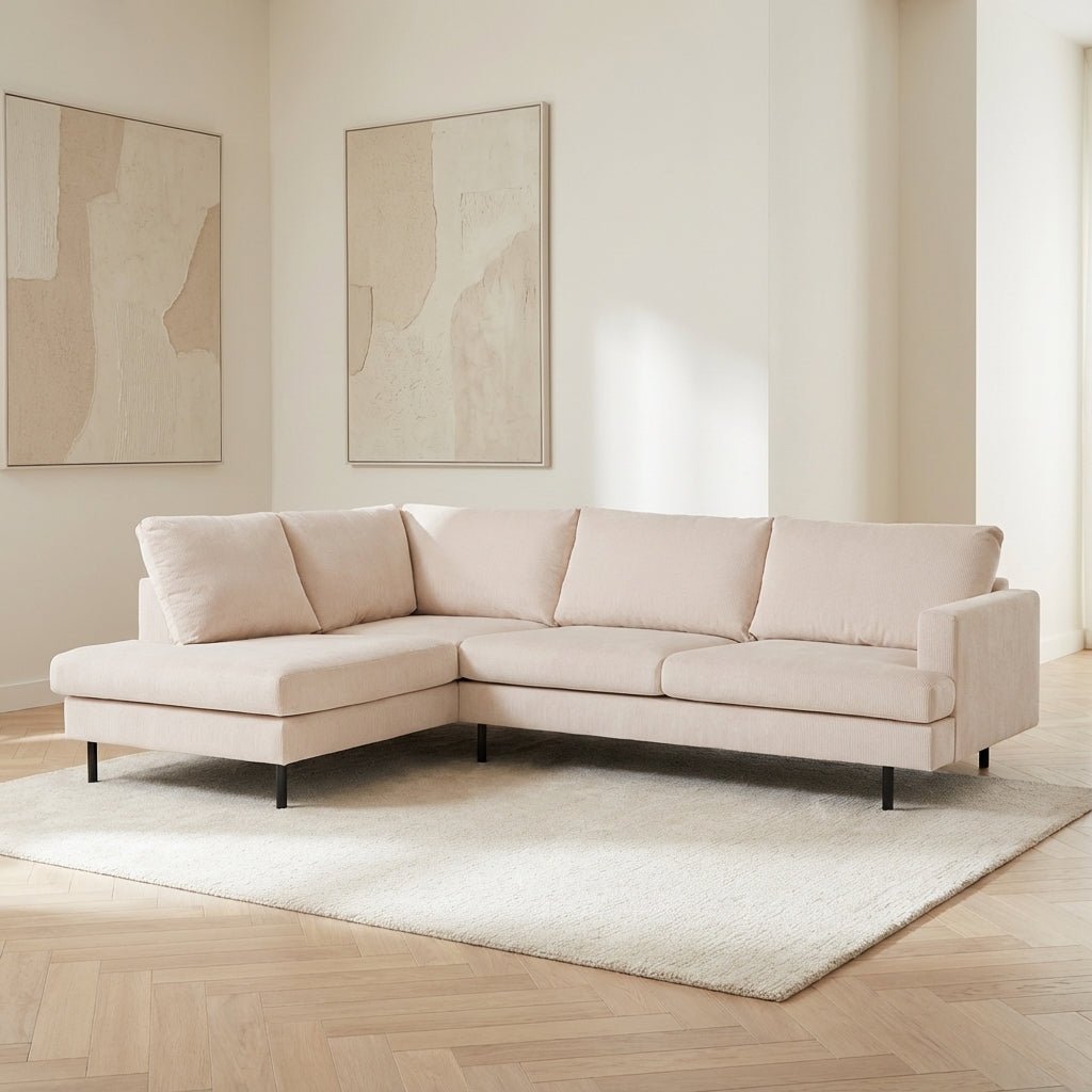 3-seater corner sofa Chiara ribbed fabric in beige mood photo in a modern interior