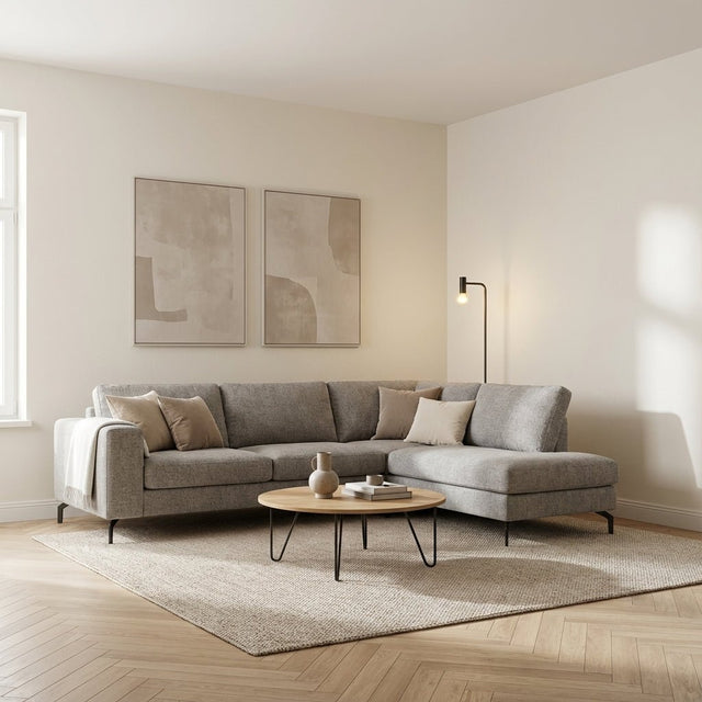 3-zits hoekbank Perla stof taupe rechts sfeerfoto in modern interieur