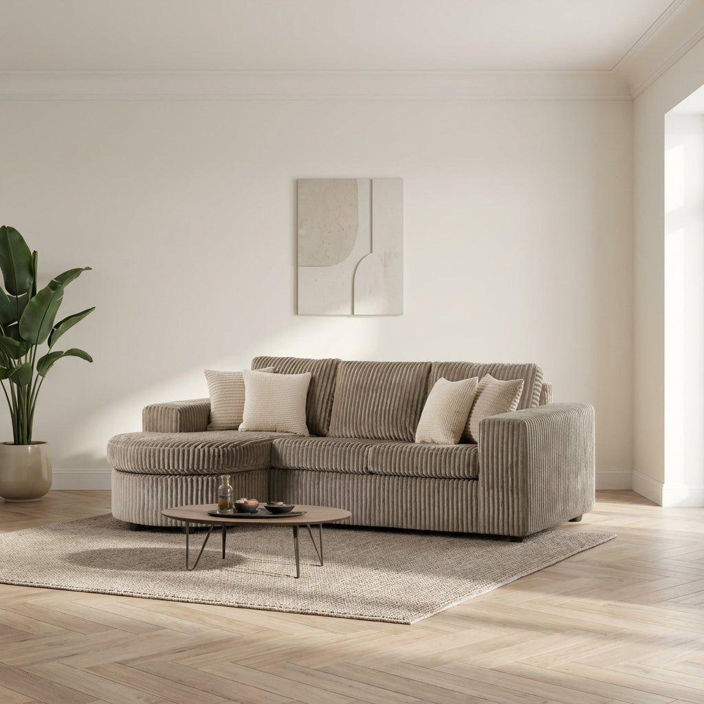 3-seater corner sofa chaise longue Flores ribbed fabric beige left/right atmospheric photo in modern interior