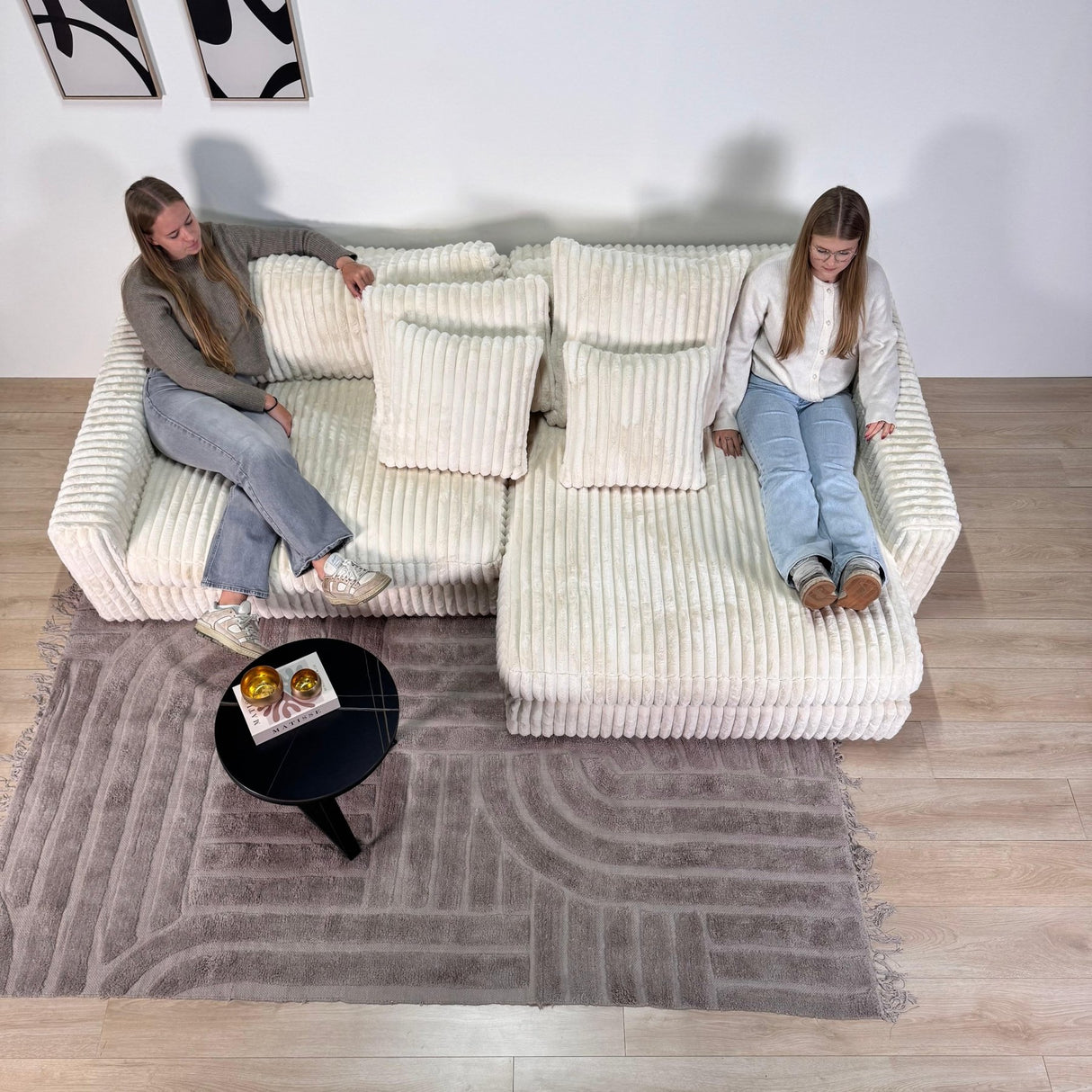 3-seater corner sofa XXL Beige Ribbed sofa Nia