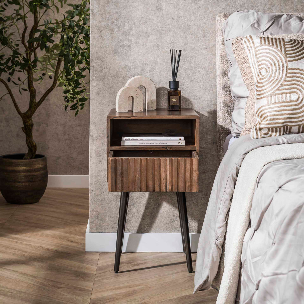 Nachtkastjes - Nachtkastje Oslo Acaciahout Drift Brown 1 Lade - Dimehouse