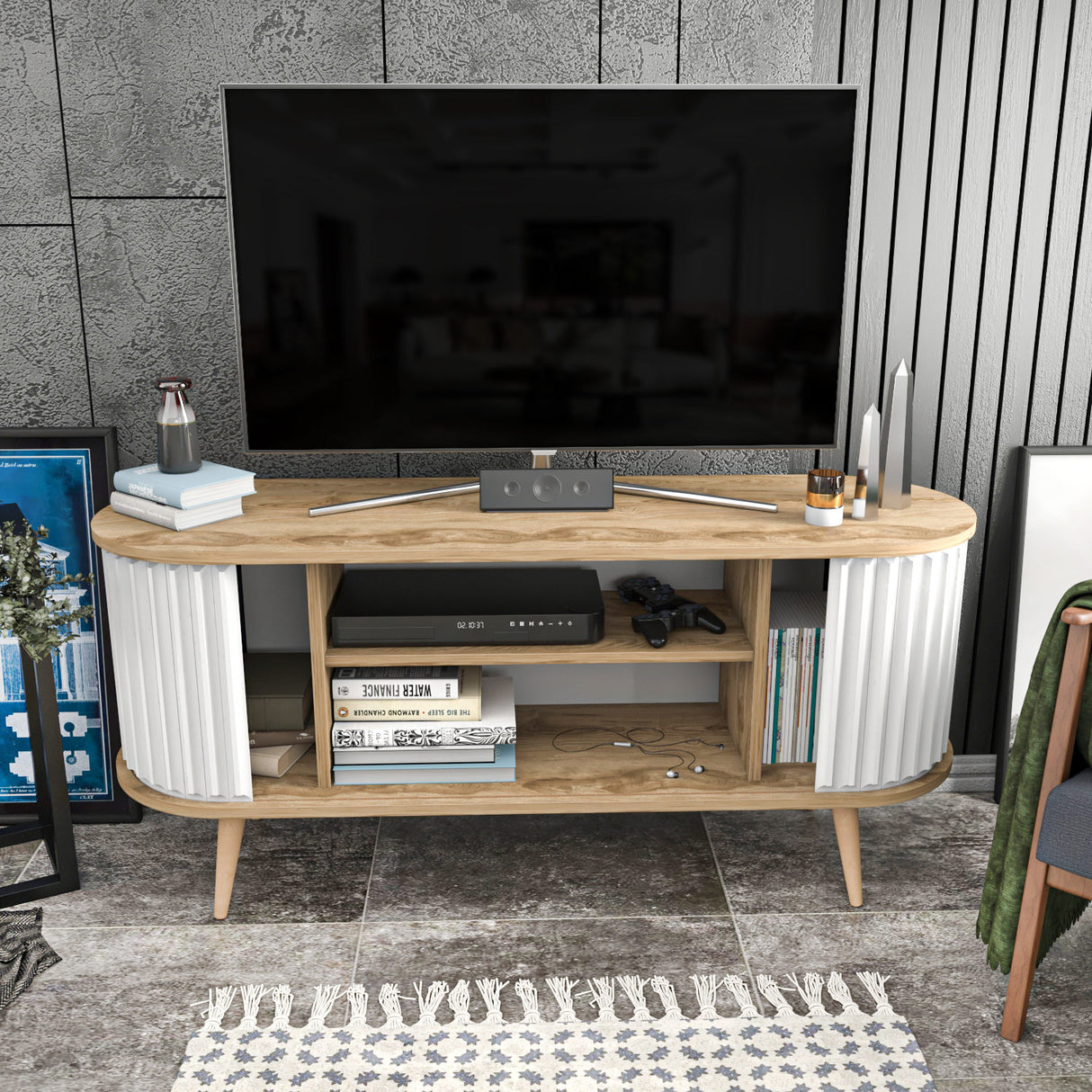 TV Meubels - TV Meubel Stor Eik Wit Melamine 140x64x43 cm - Dimehouse