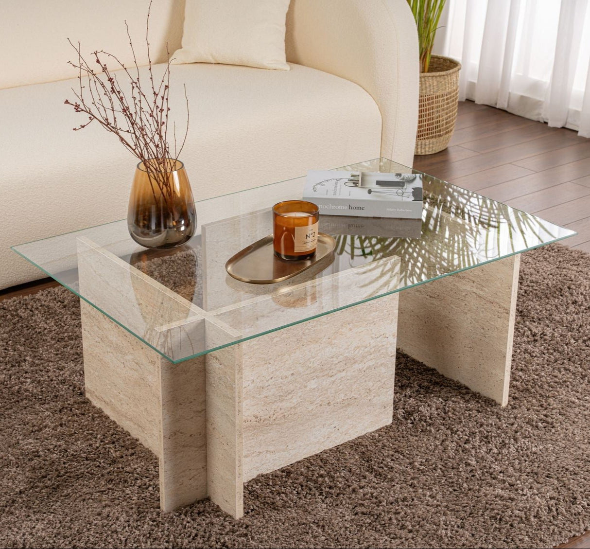 Rectangular Modern Coffee Table Vetroni Travertine Look - Glass - 105x65 cm 