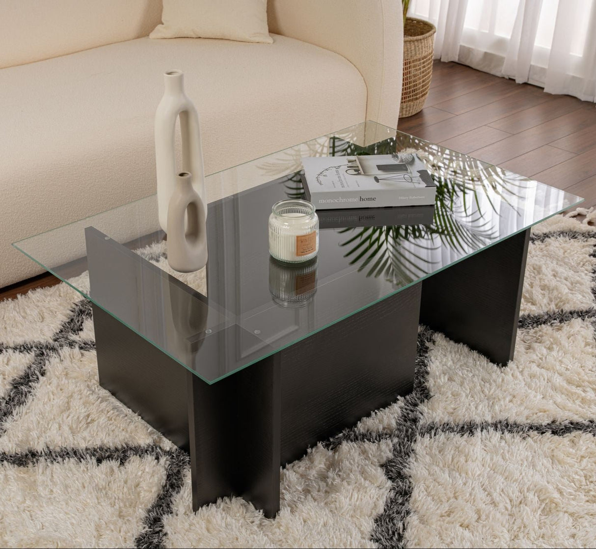 Rectangular Modern Coffee Table Vetroni Black Wood Look - Glass - 105x65 cm 