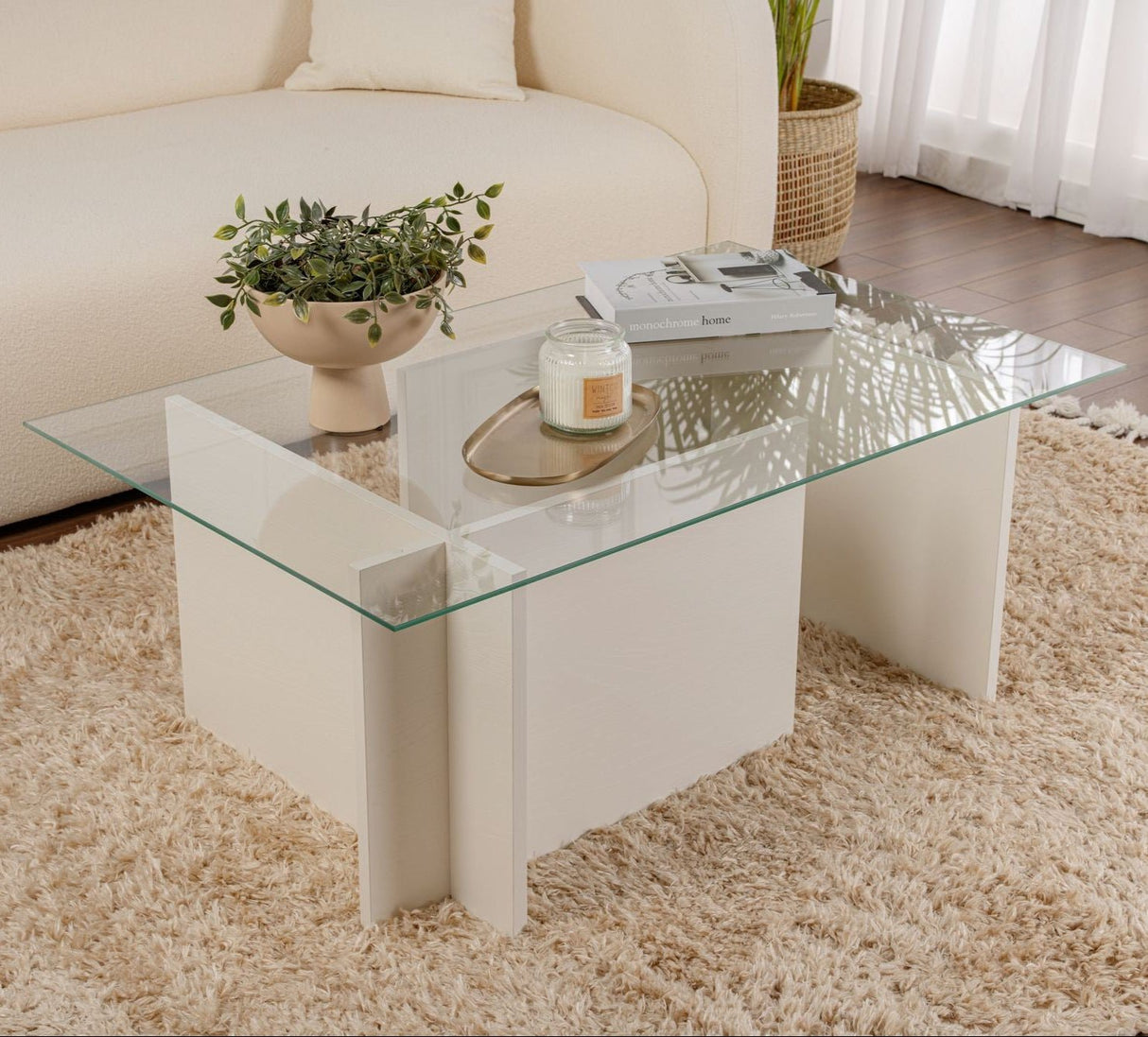 Rectangular Modern Coffee Table Vetroni White Wood Look - Glass - 105x65 cm 