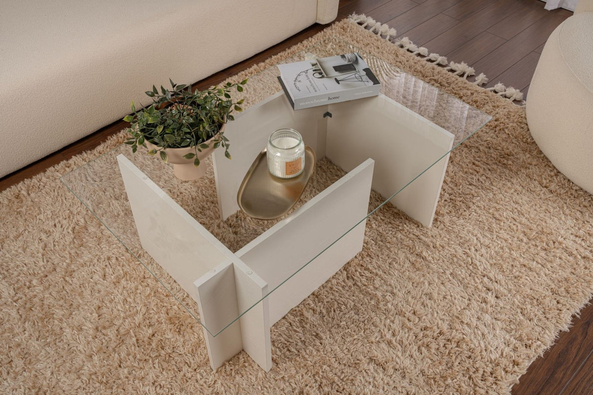 Rectangular Modern Coffee Table Vetroni White Wood Look - Glass - 105x65 cm 