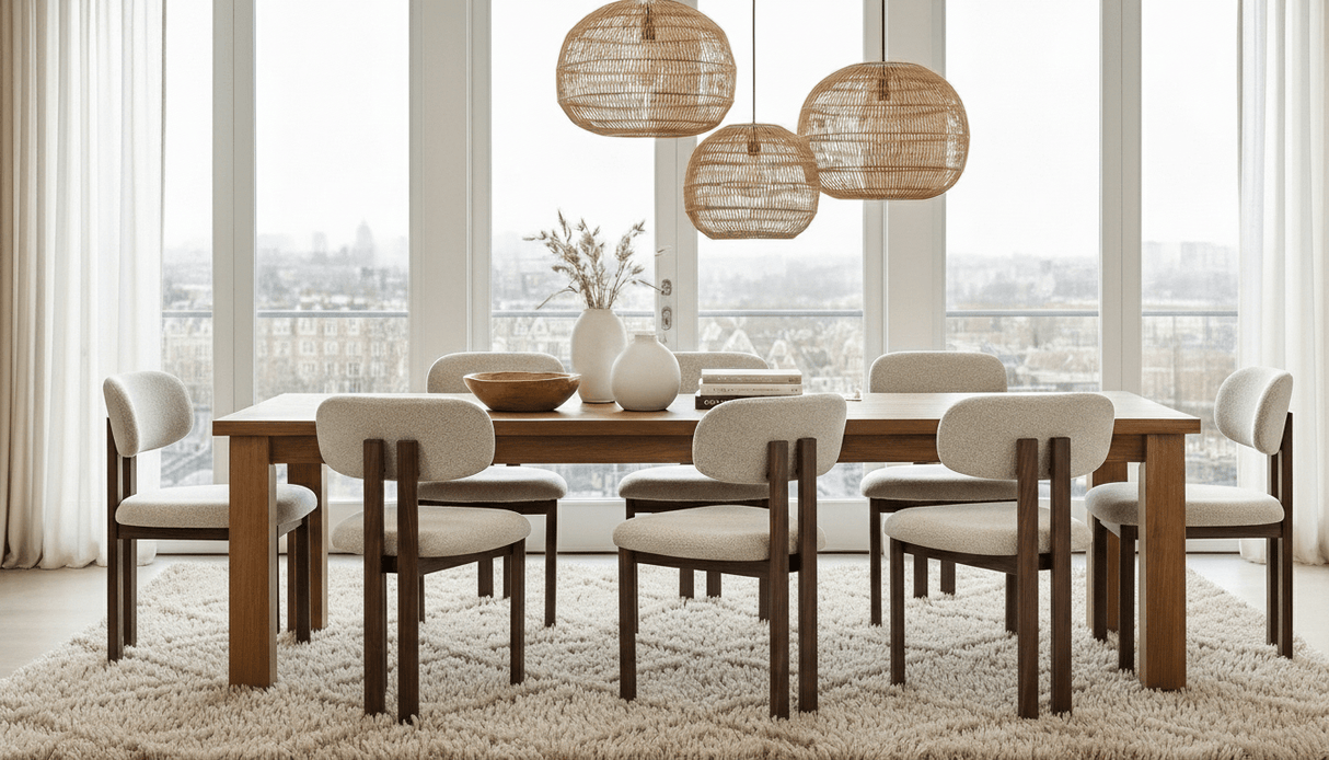 Japandi Dining Chair Miyo Bouclé Ivory - Walnut Look Frame 