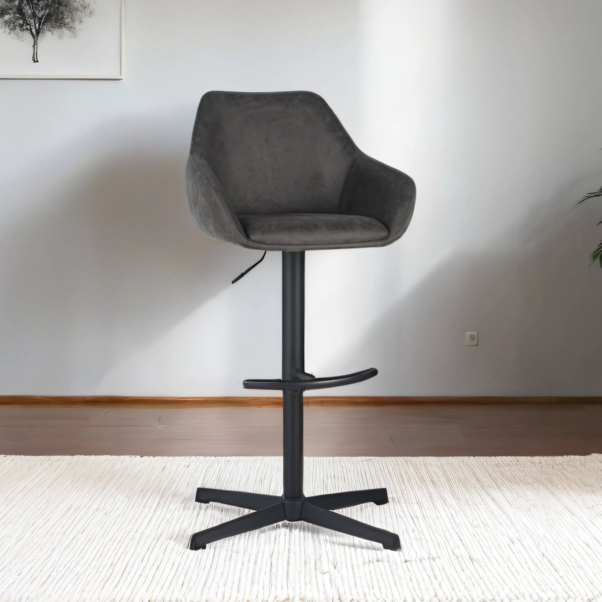 Venom Bar Stool Anthracite Eco-leather - Adjustable Swivel Bar Chair with Armrest 