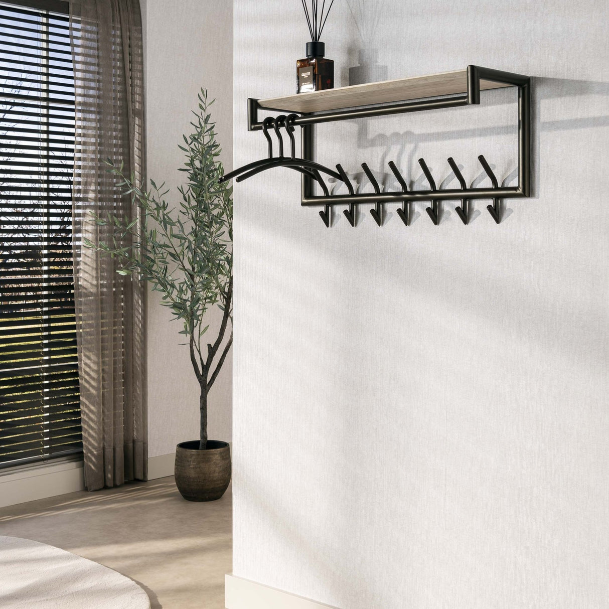 Coat rack Aria rod and hat shelf 2x7 hooks melamine travertine 