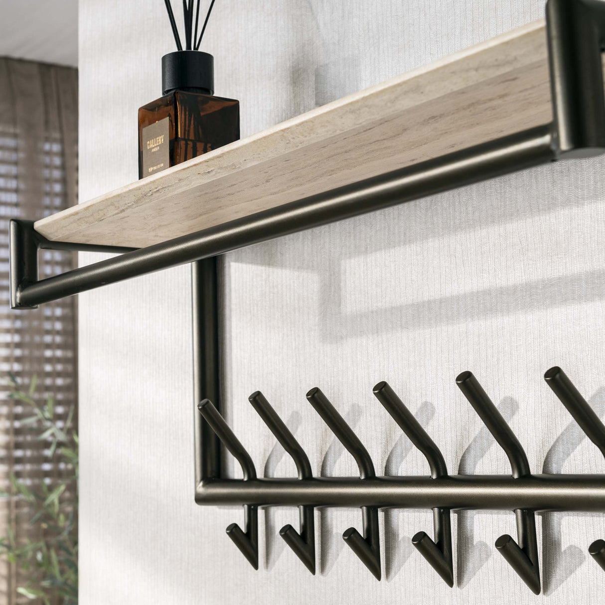 Coat rack Aria rod and hat shelf 2x7 hooks melamine travertine 