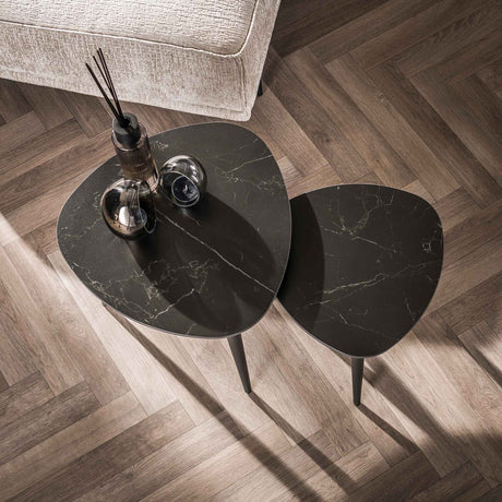 Set of 2 Sophie Triangular Side Tables Ceramic with Marble Effect Black 
