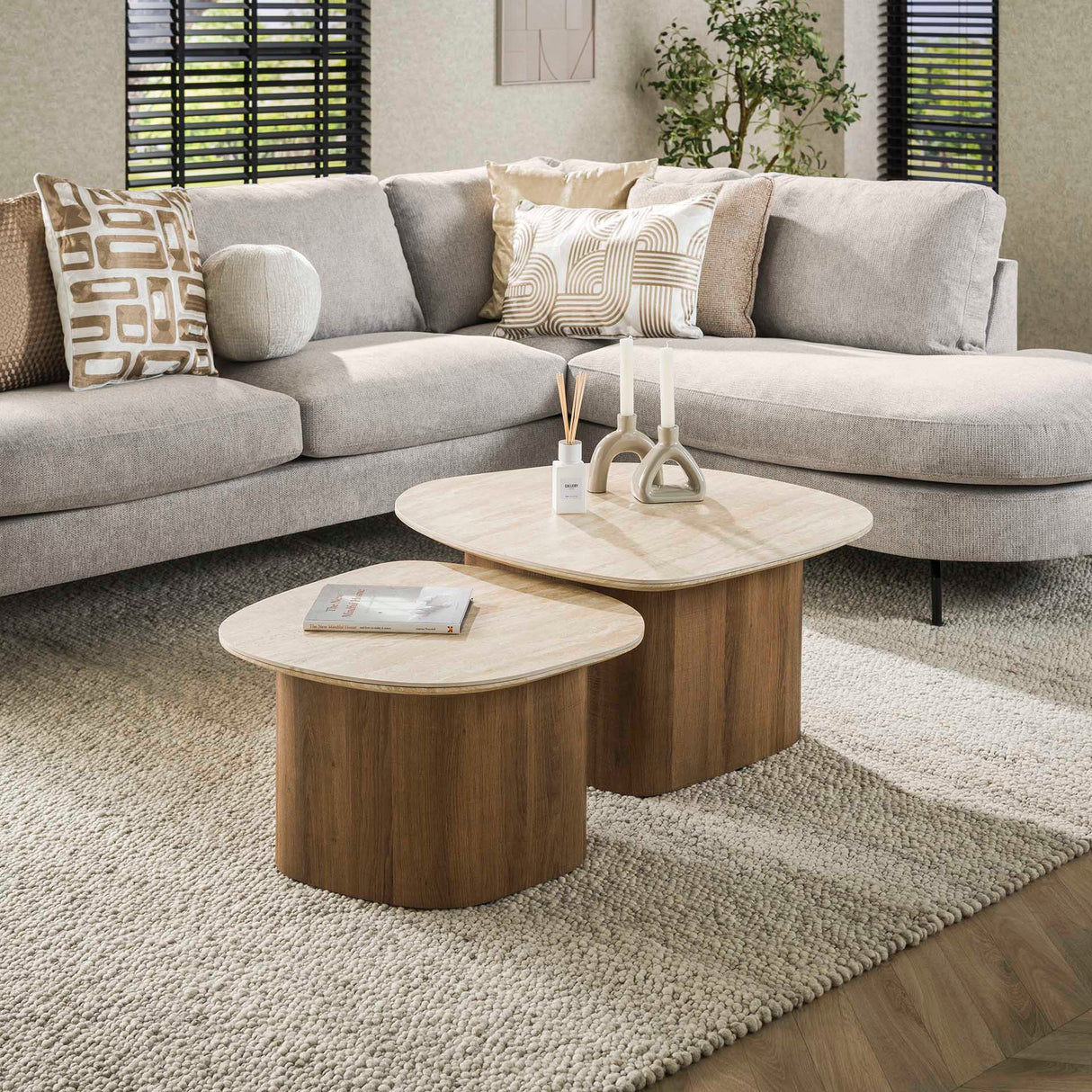 Coffee table set of 2 Rio Pebble-shaped Ceramic Wood 