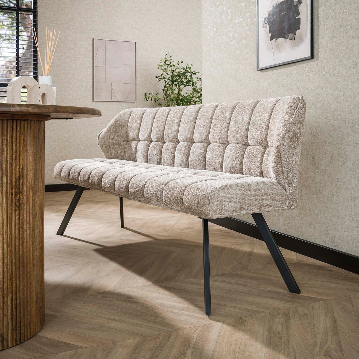Dining bench Lino Chenille Fabric Rich Sand 180 cm Checkered 