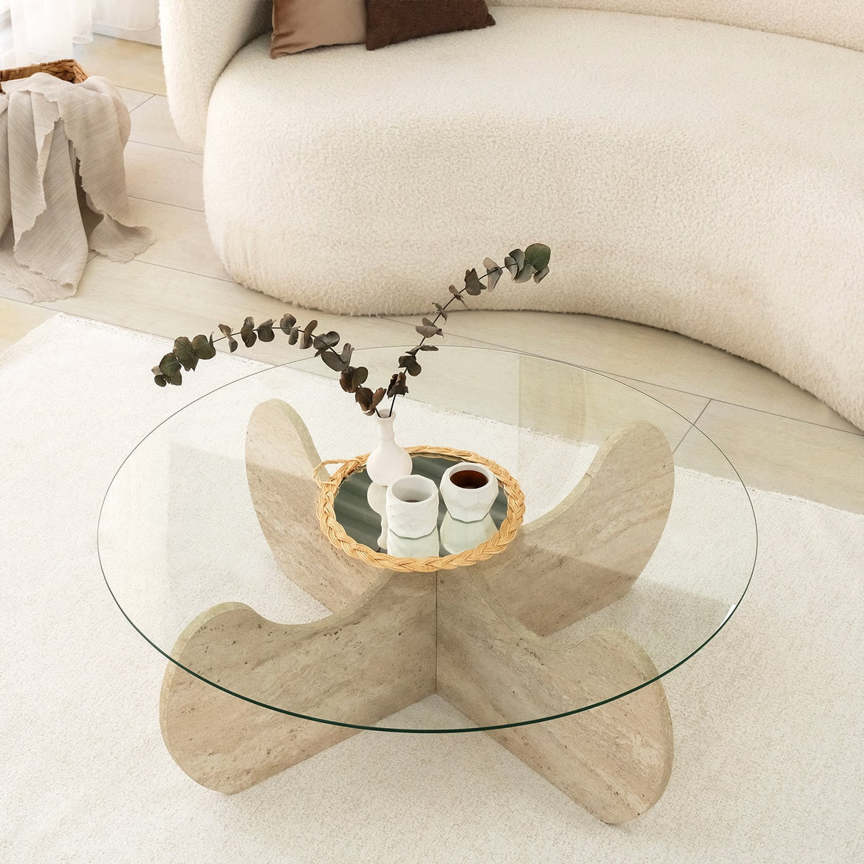 Round Glass Coffee Table 75 cm Travertine - Hima 