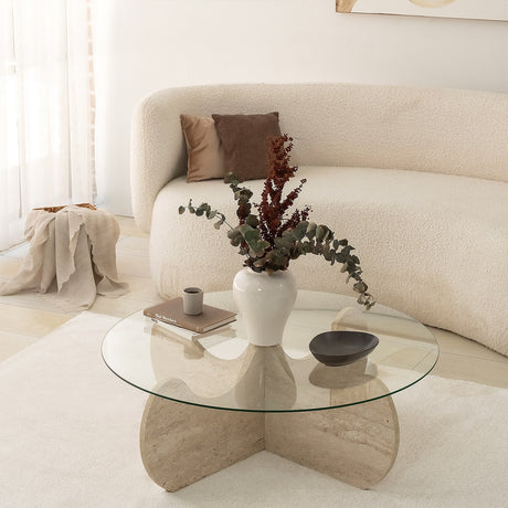 Round Glass Coffee Table 75 cm Travertine - Hima 