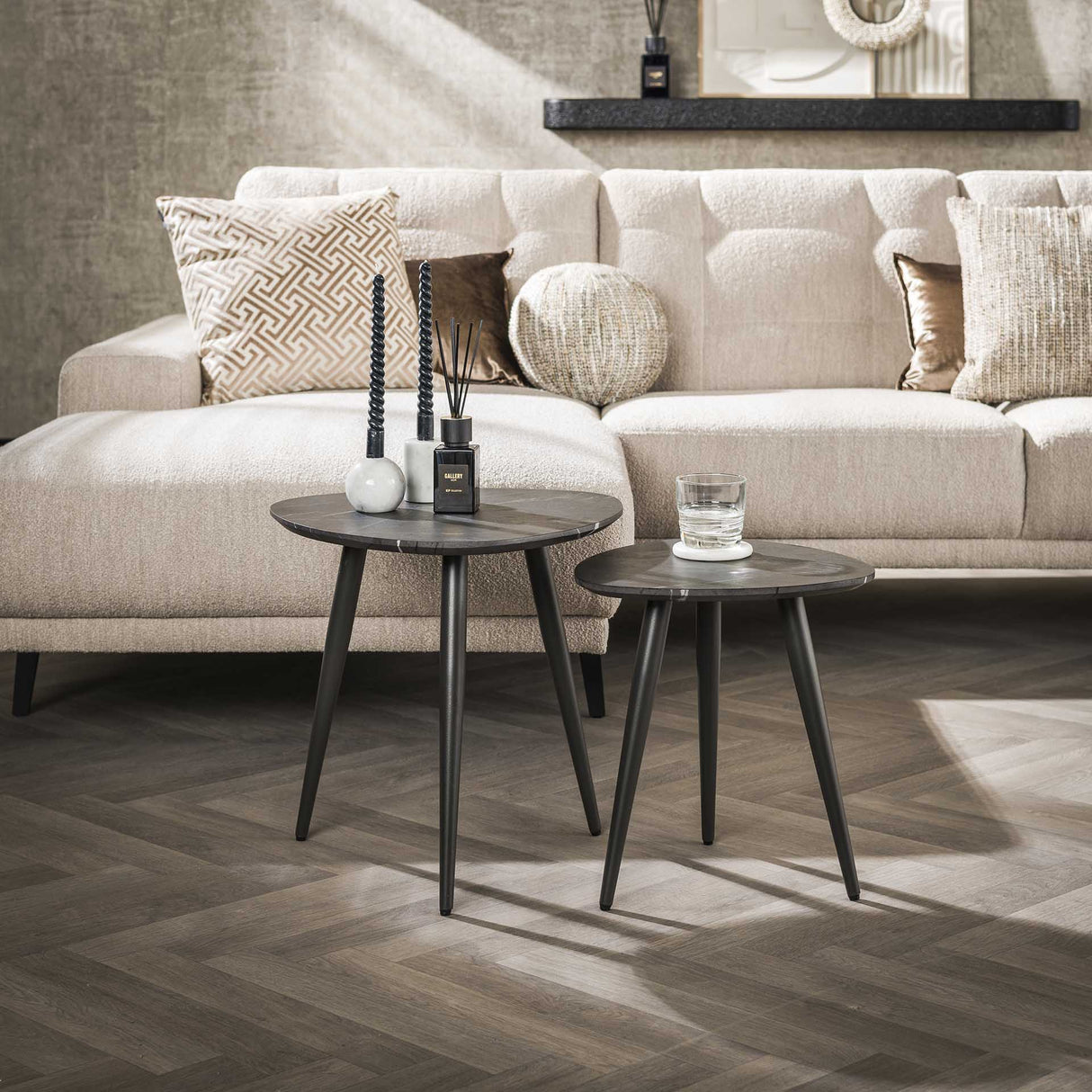 Triangular Coffee Table Set of 2 Conner Ceramic Look Gray