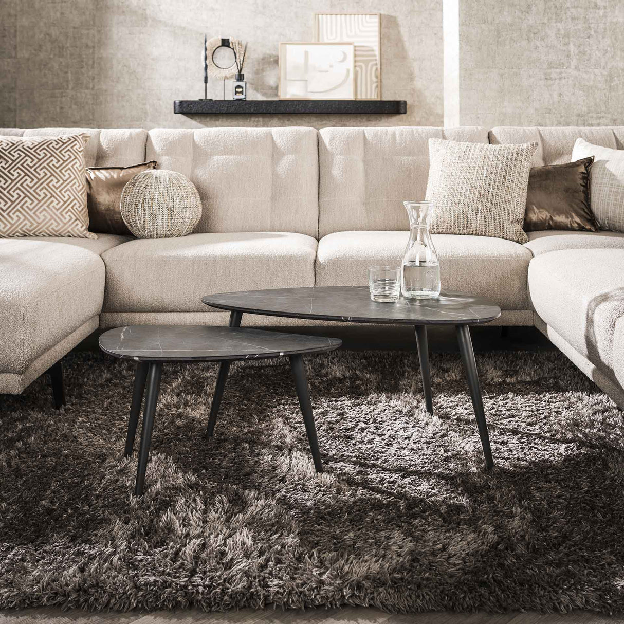 Pebble-shaped Coffee Table Set of 2 Conner Ceramic Look Gray