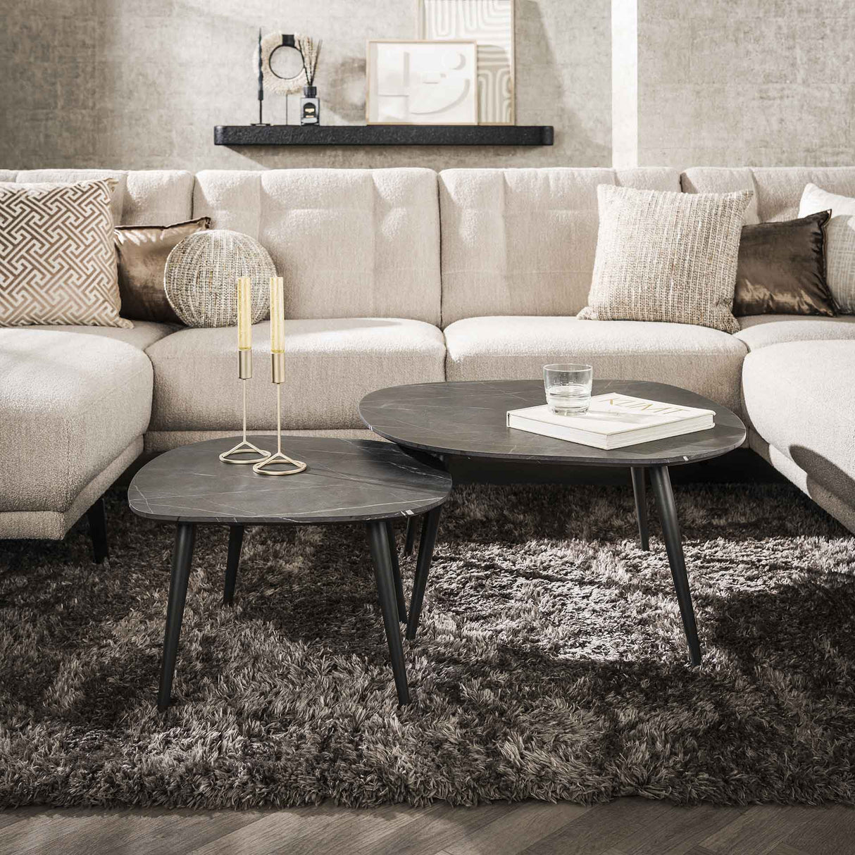 Organic Coffee Table Set of 2 Conner Ceramic Look Gray