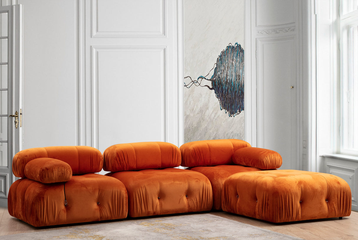 Banken - Modulaire XXL hoekbank Bubble met hocker - velvet oranje - Dimehouse