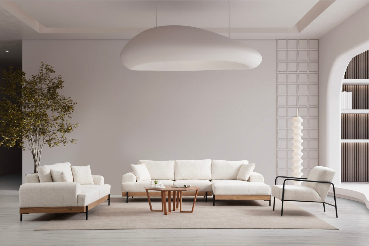 Banken - Moderne Hoekbank Rechts Eti Stof Wit - Hout Frame - Dimehouse