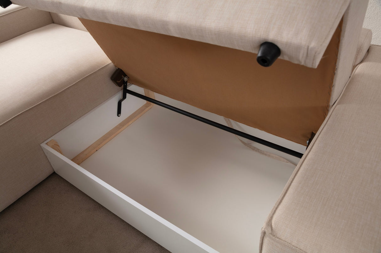 Beige fabric sofa bed - with storage space - left facing - 260 x 170 cm - Pirlo