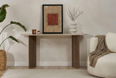 Modern oval side table with a travertine look top and walnut melamine base. Stylish minimalist design.
