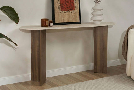 Modern oval side table with a travertine look top and walnut melamine base. Stylish minimalist design.