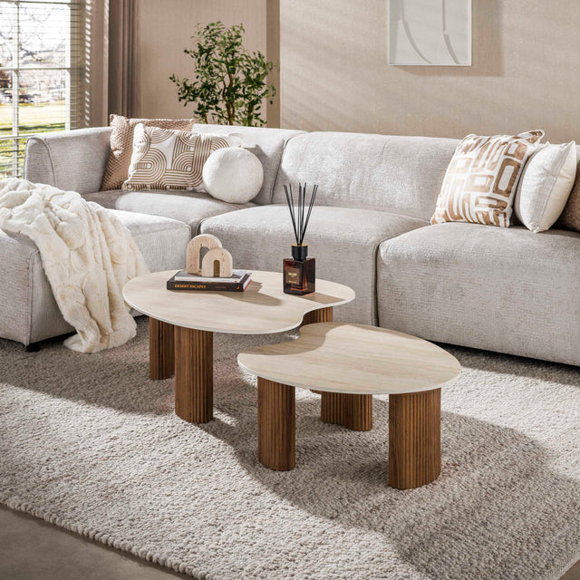 Salontafels - Set van 2 organische salontafels Cruz - keramiek Travertin eikenhout - look ribbel - Dimehouse