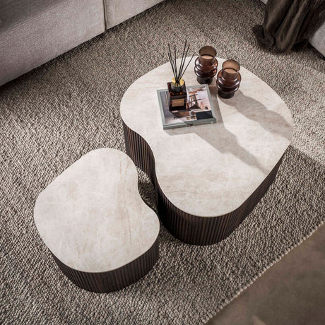 Set of 2 organic coffee tables Cruz bold - ceramic Taj Mahal dark brown wood look ribbed