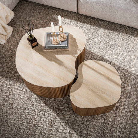 Set of 2 organic coffee tables Cruz bold - ceramic Travertine oak wood-look ribbed