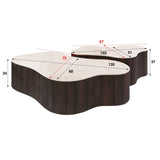 White photo with dimensions set of 2 organic coffee tables Cruz Grand with Taj Mahal ceramic tops and dark brown ribbed base.