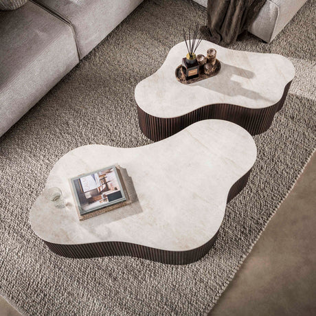 Set of 2 organic Cruz Grand coffee tables with Taj Mahal ceramic tops and dark brown ribbed base.