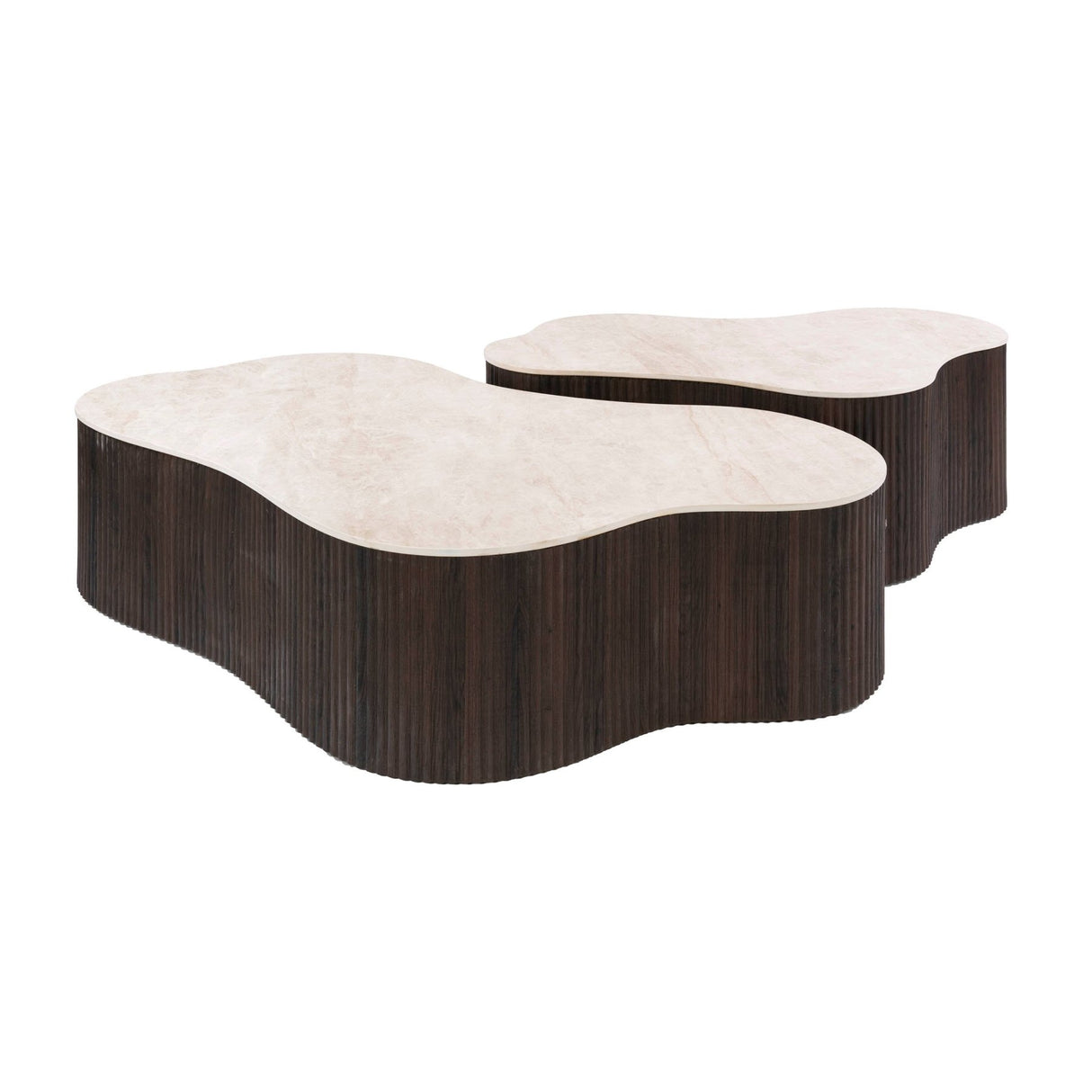 White photo set of 2 organic coffee tables Cruz Grand with Taj Mahal ceramic tops and dark brown ribbed base.
